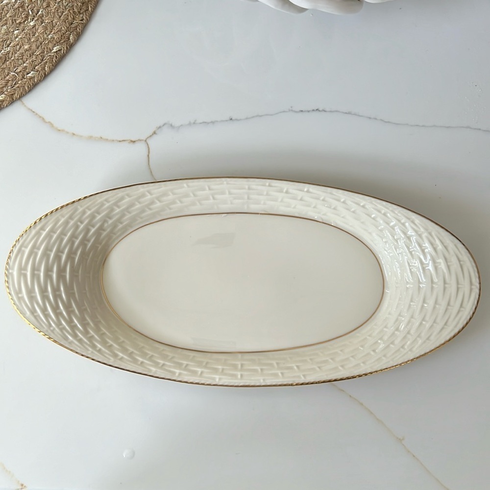 Lenox Porcelain Gold Trim Basket Weave Pattern Serving Tray